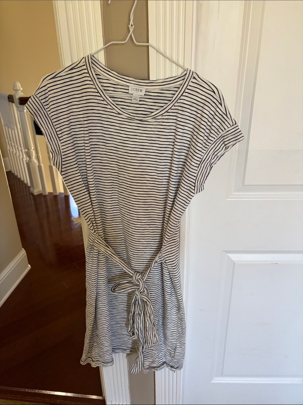 J. Crew White and Navy Striped Tie-Waist T-Shirt Dress